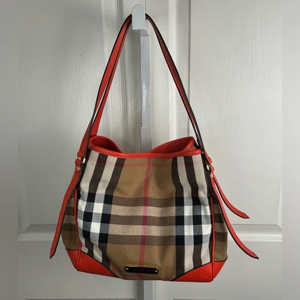 Auth Burberry House Check Canterbury canvas leather orange bag tote purse - Picture 3 of 16